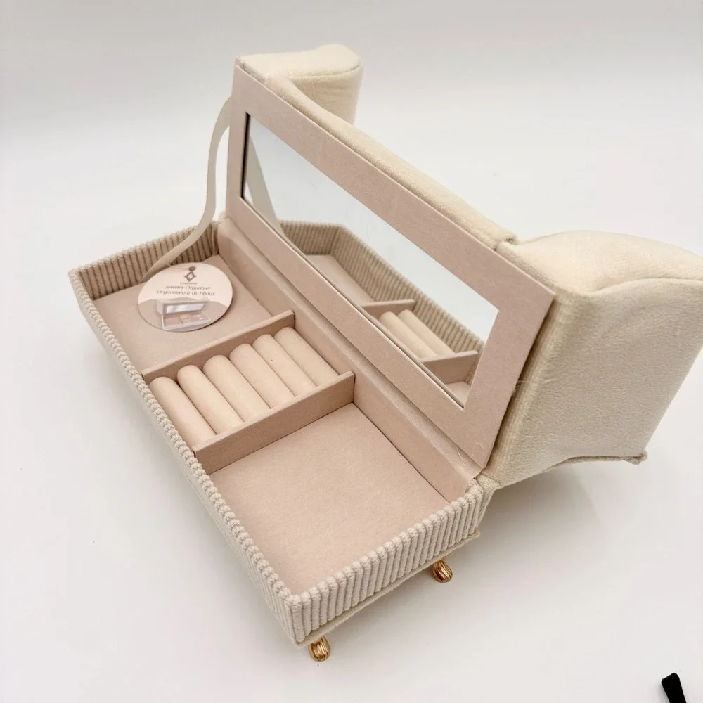 Cream Velvet Miniature Sofa Jewelry Box Scalloped Couch Trinket Organizer Mirror